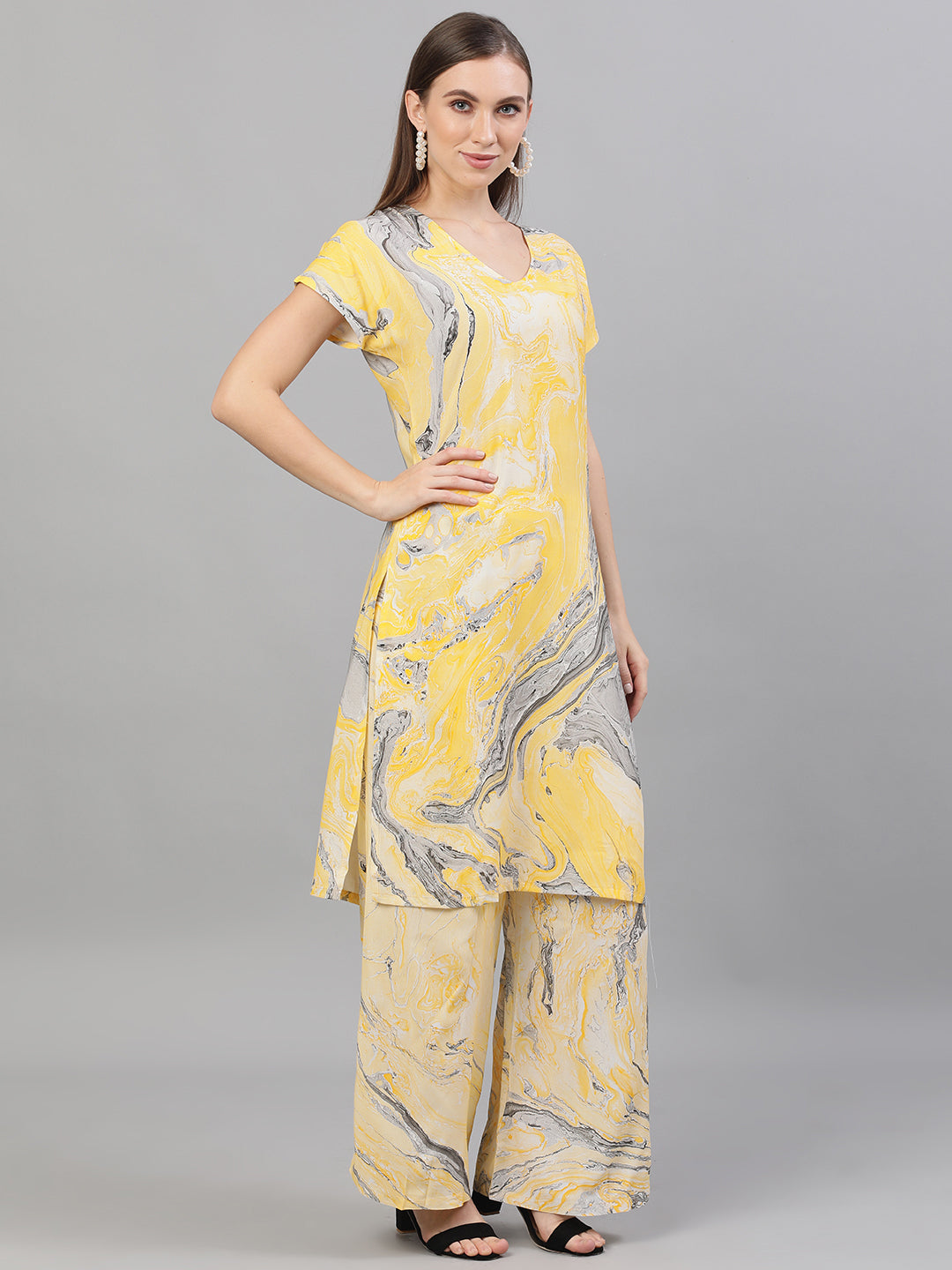 Yellow & Grey Marble Print Kurta