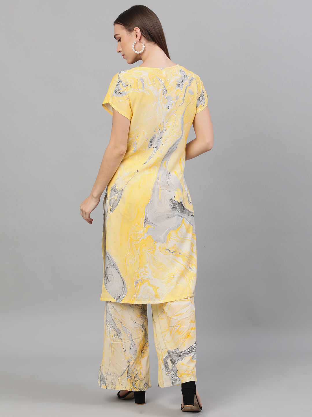 Yellow & Grey Marble Print Kurta