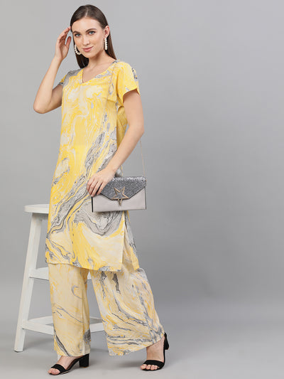 Yellow & Grey Marble Print Kurta