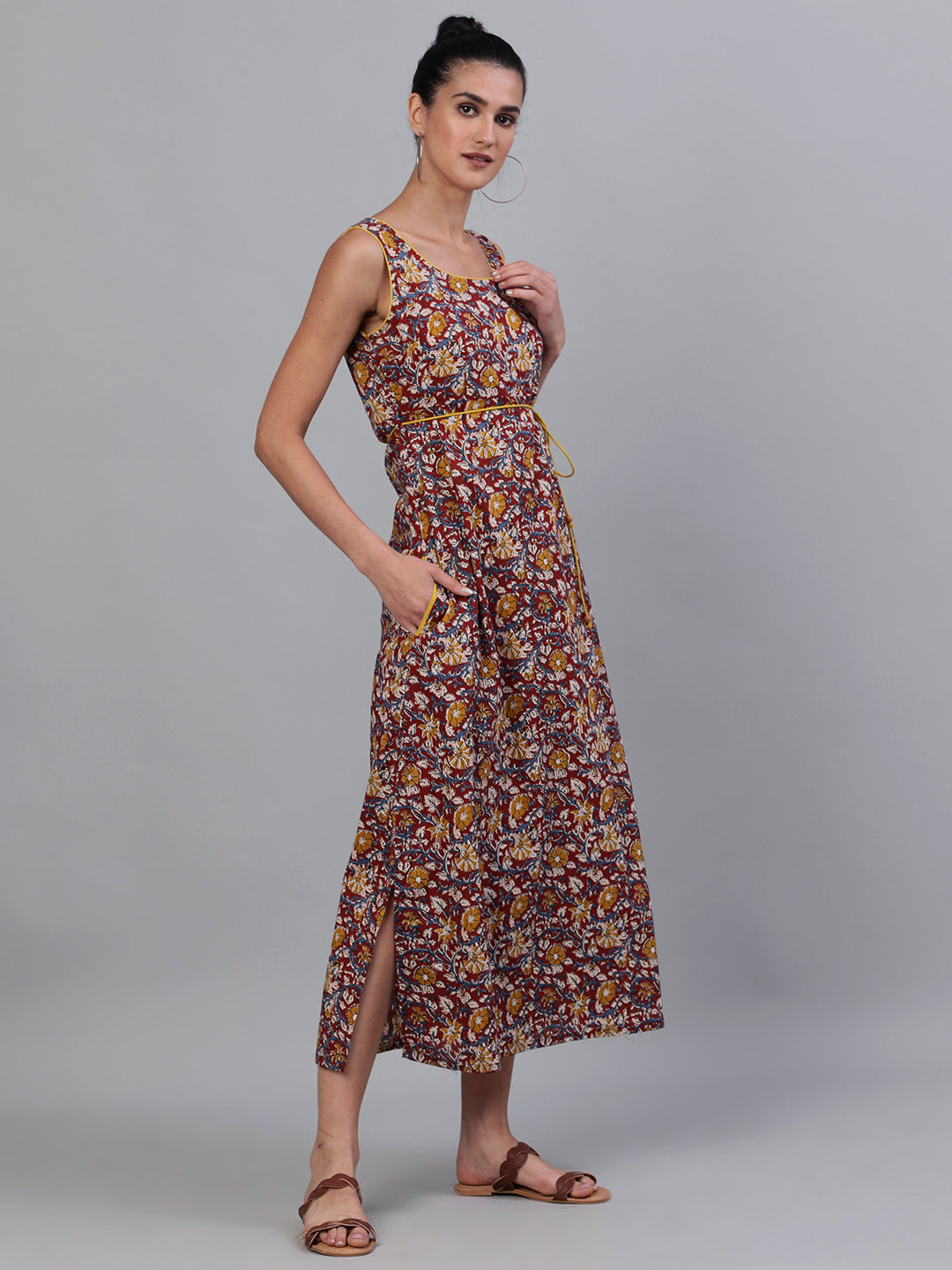 Maroon Floral Print High Slit Maxi Dress