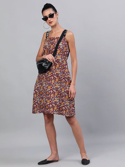 Maroon Floral Print A-Line Dress