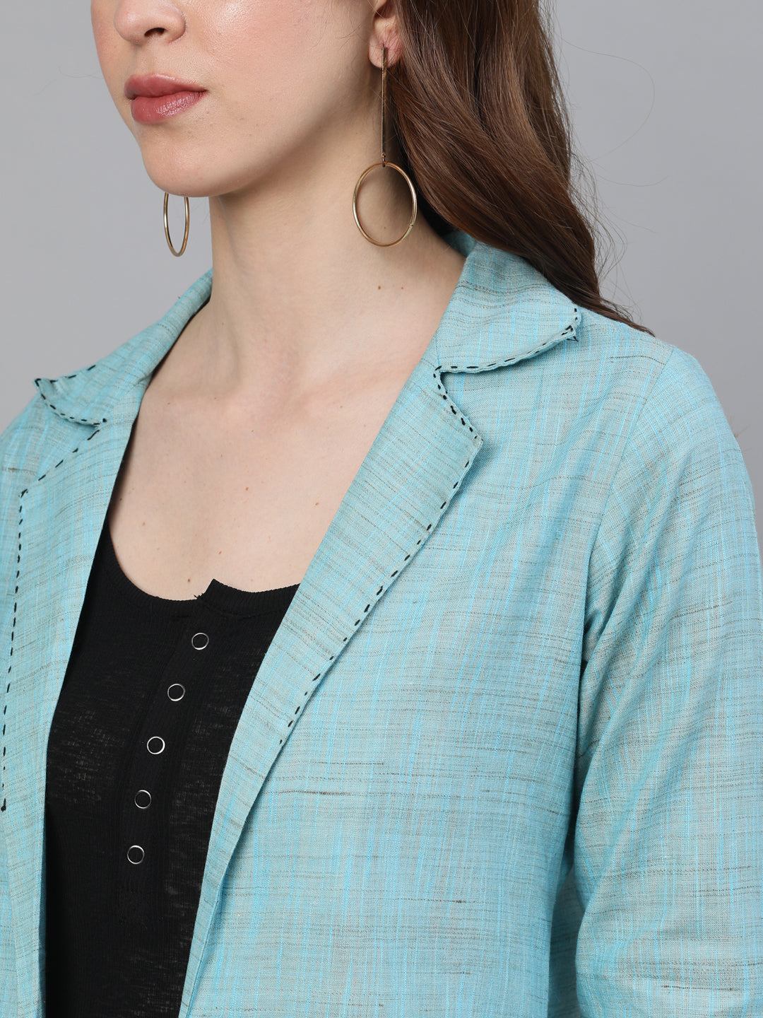 Blue Notched Lapel Jacket With Embroidery Detail