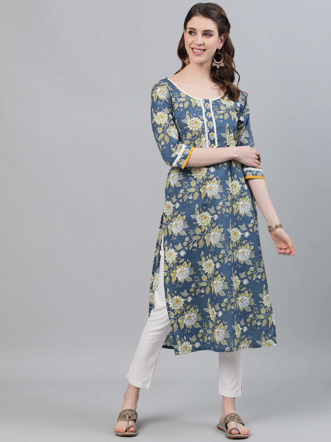 Blue Floral Print Straight Kurta