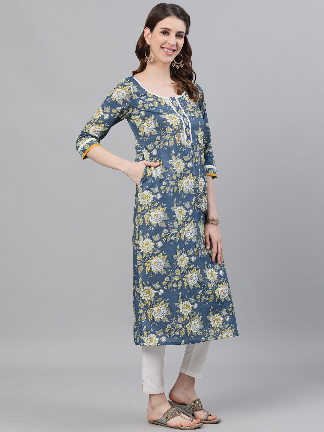 Blue Floral Print Straight Kurta