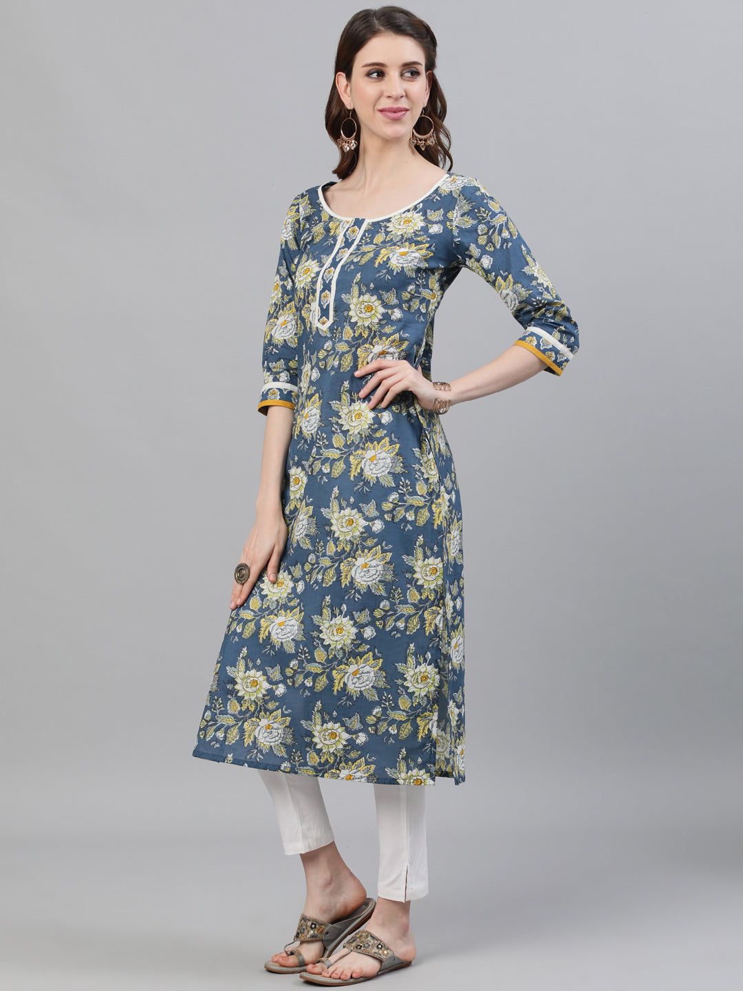 Blue Floral Print Straight Kurta