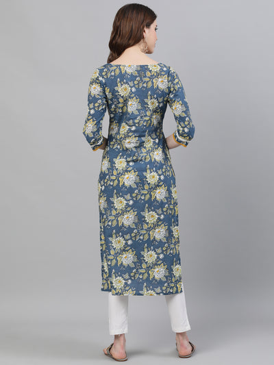 Blue Floral Print Straight Kurta