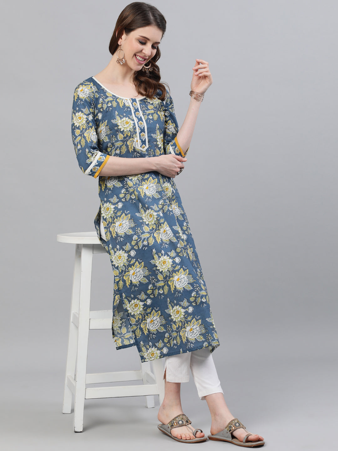 Blue Floral Print Straight Kurta