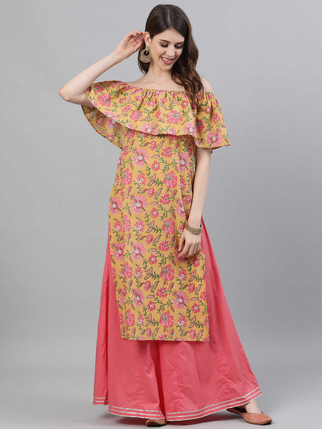 Yellow Floral Print Off-Shoulder Straight Kurta