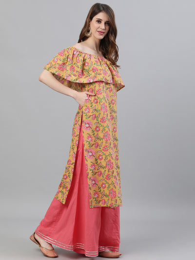 Yellow Floral Print Off-Shoulder Straight Kurta