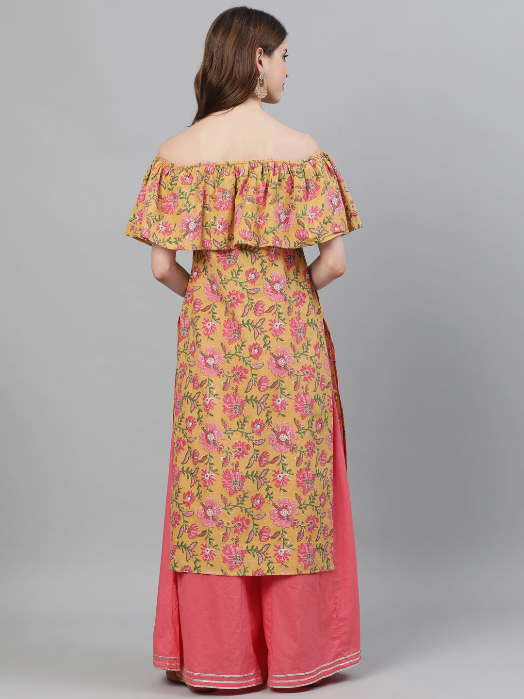 Yellow Floral Print Off-Shoulder Straight Kurta