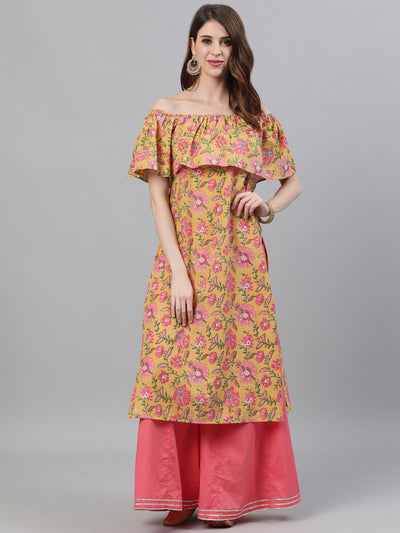 Yellow Floral Print Off-Shoulder Straight Kurta