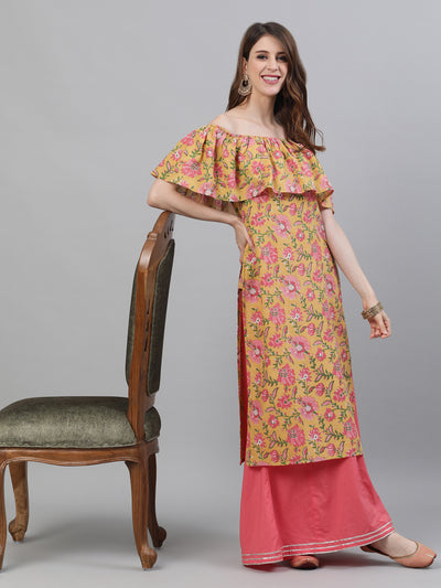 Yellow Floral Print Off-Shoulder Straight Kurta