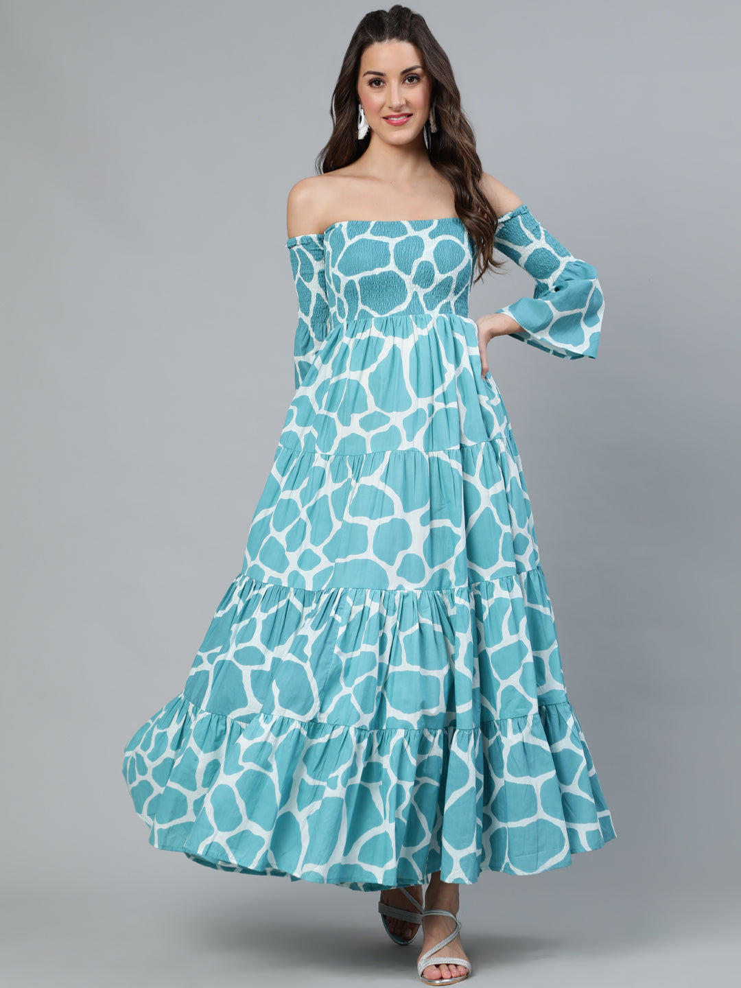 Blue Animal Print Off-Shoulder Tiered Dress