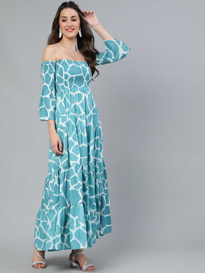 Blue Animal Print Off-Shoulder Tiered Dress