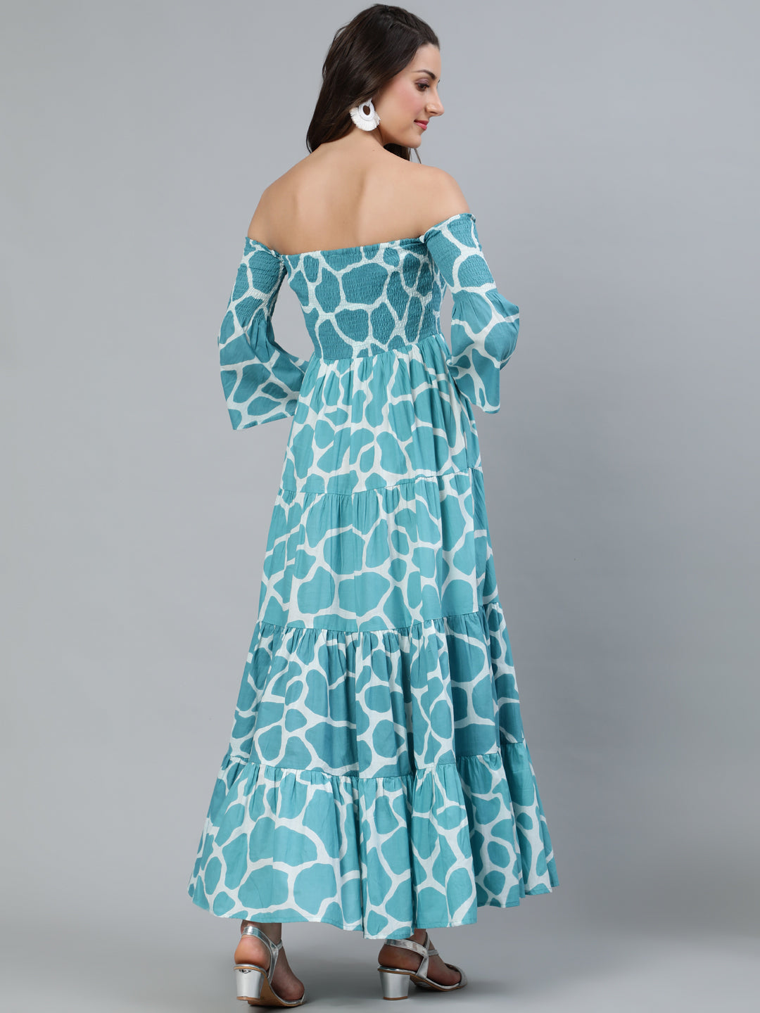 Blue Animal Print Off-Shoulder Tiered Dress