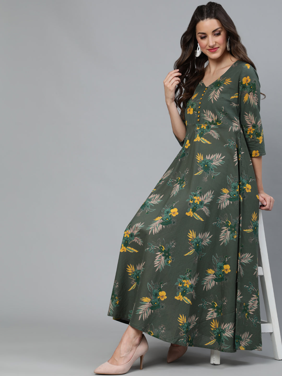 Green Floral Print Flared Maxi Dress