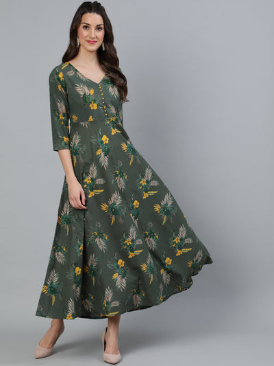 Green Floral Print Flared Maxi Dress