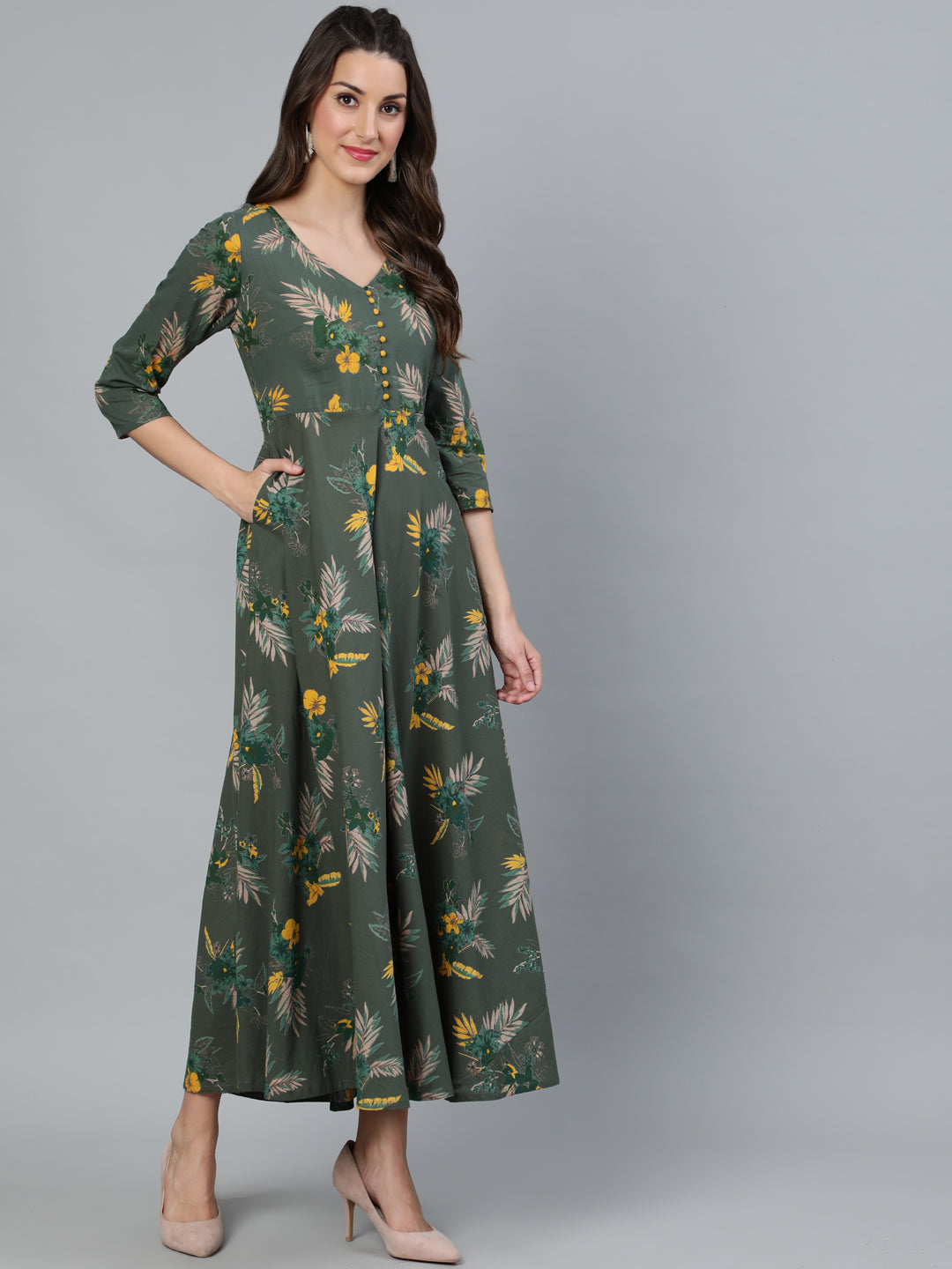 Green Floral Print Flared Maxi Dress
