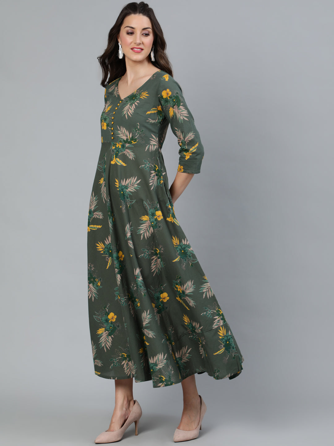 Green Floral Print Flared Maxi Dress