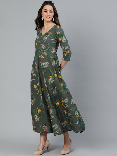 Green Floral Print Flared Maxi Dress