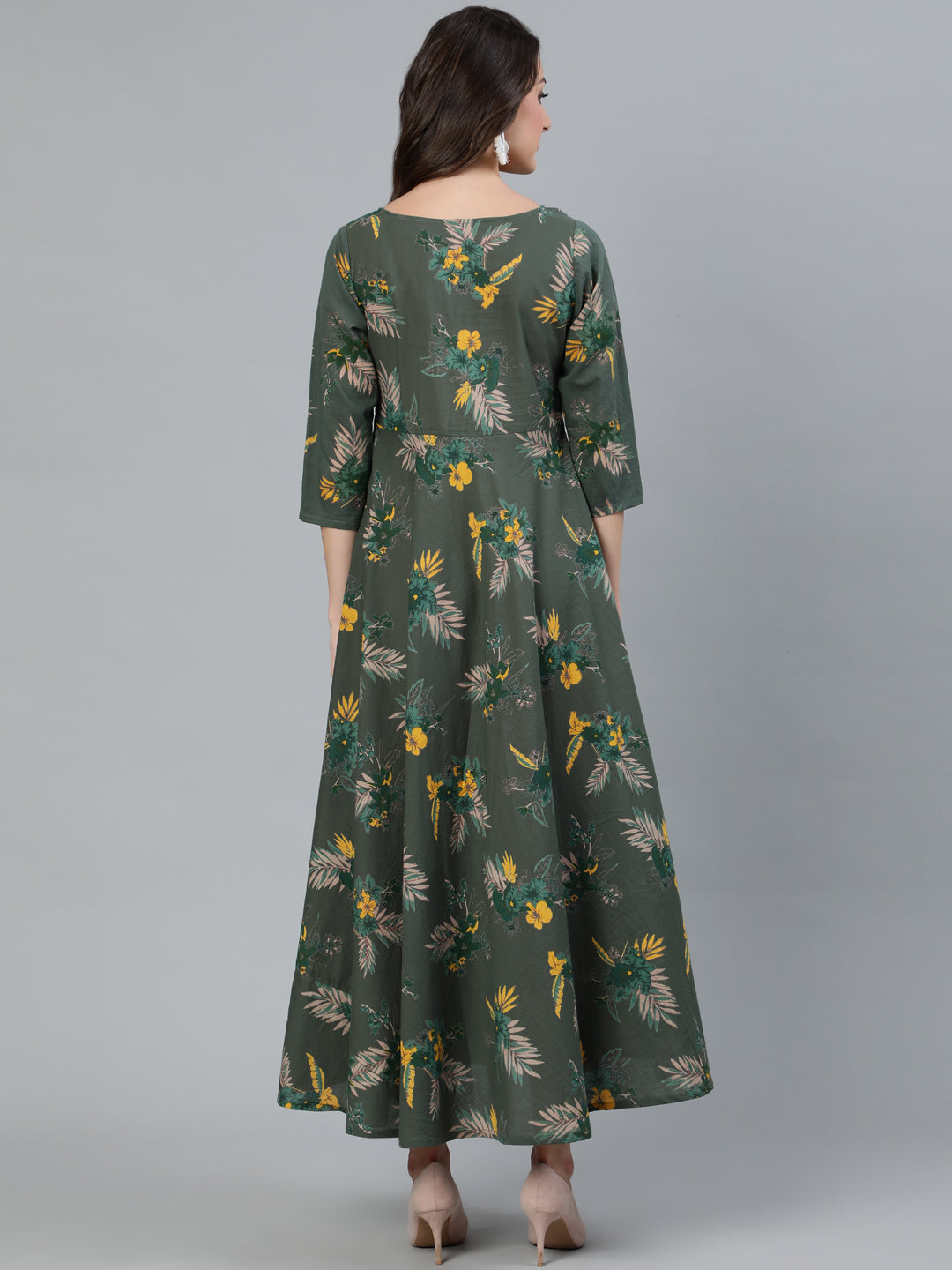 Green Floral Print Flared Maxi Dress