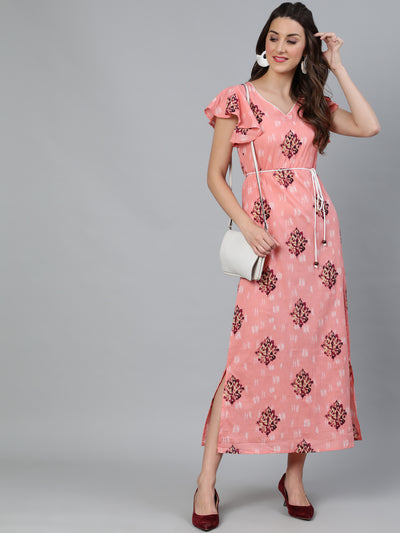 Peach Floral Print Long Dress With Ruffle Sleeve