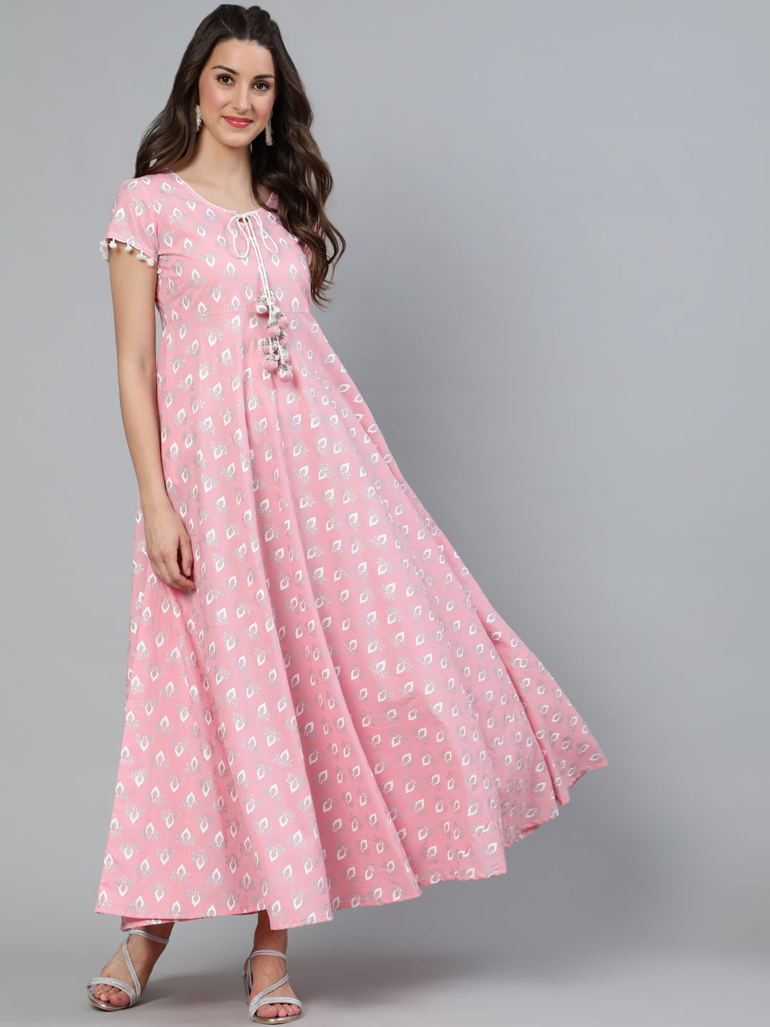 Pink Printed Flared Maxi Dress