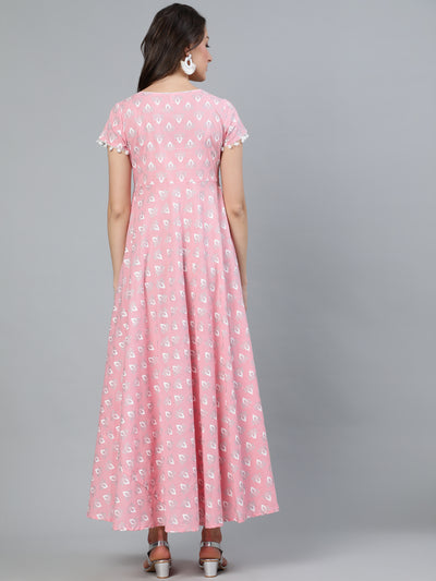 Pink Printed Flared Maxi Dress