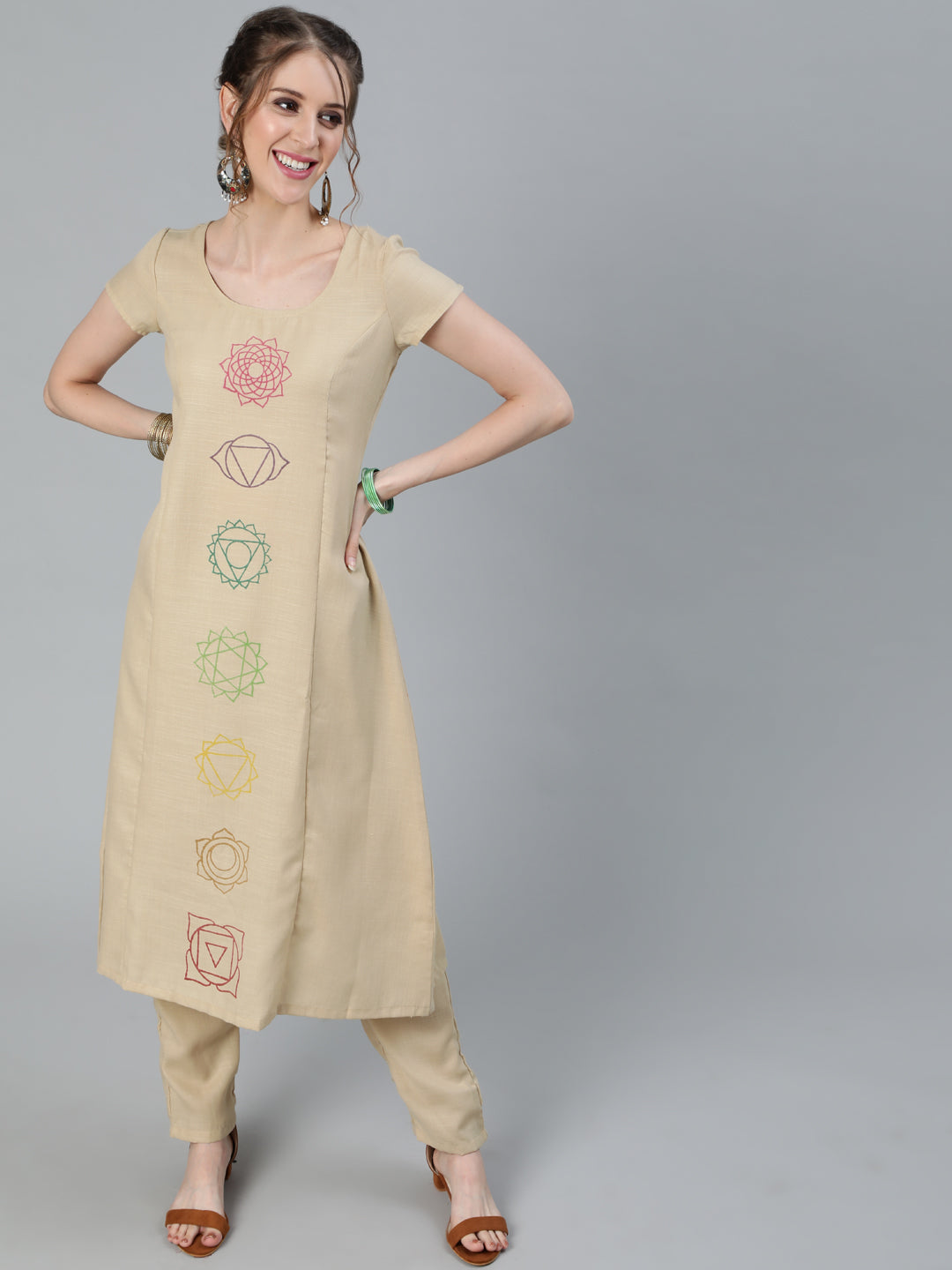 Beige Seven Chakras A-Line Kurta