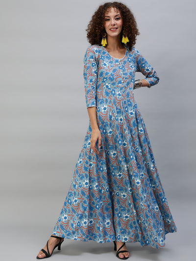 Blue Floral Print Flared Maxi Dress