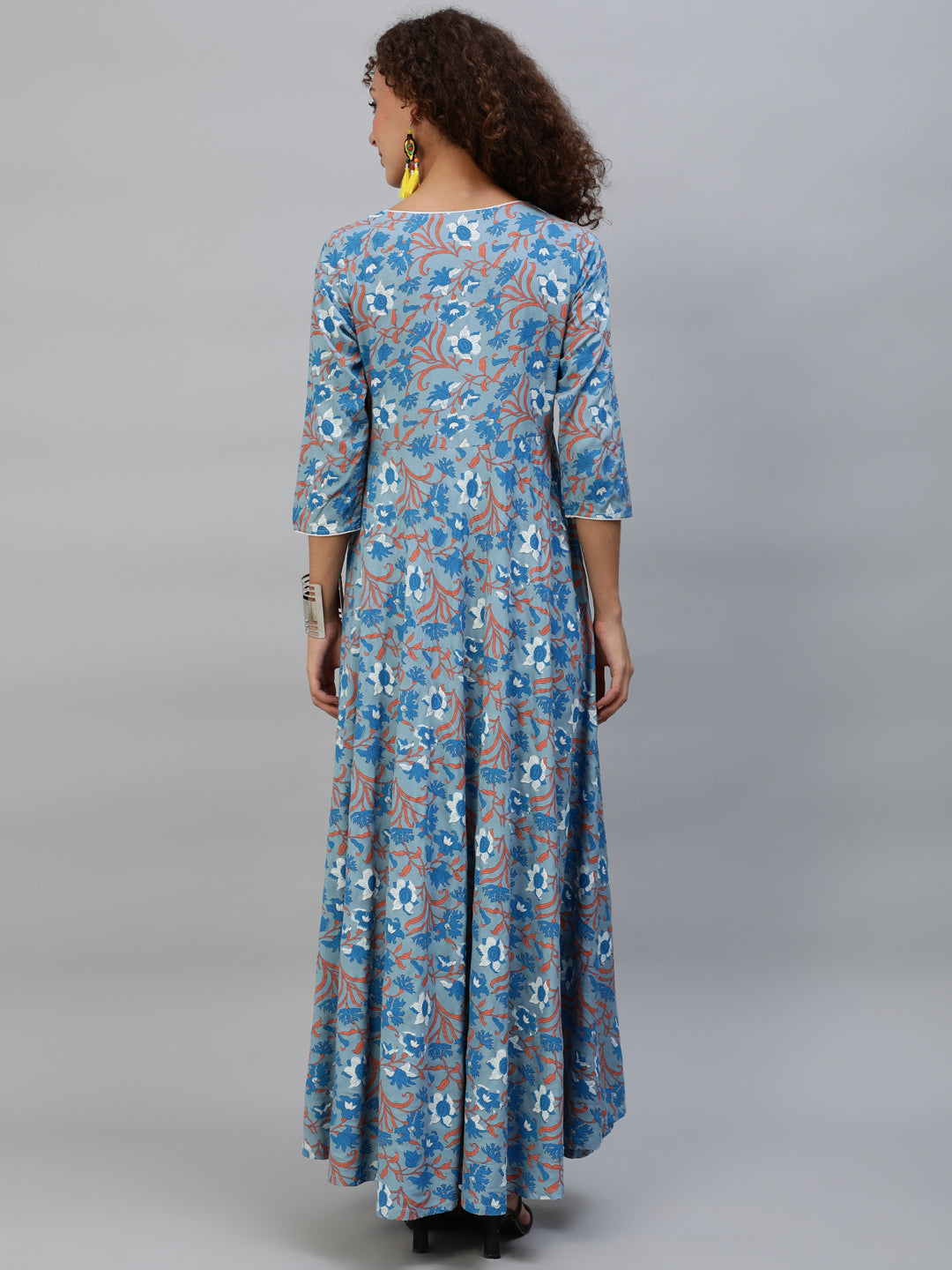 Blue Floral Print Flared Maxi Dress