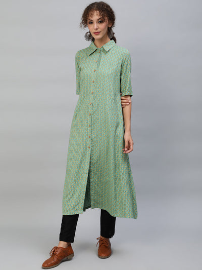 Green  Printed Button Down A-Line Kurta