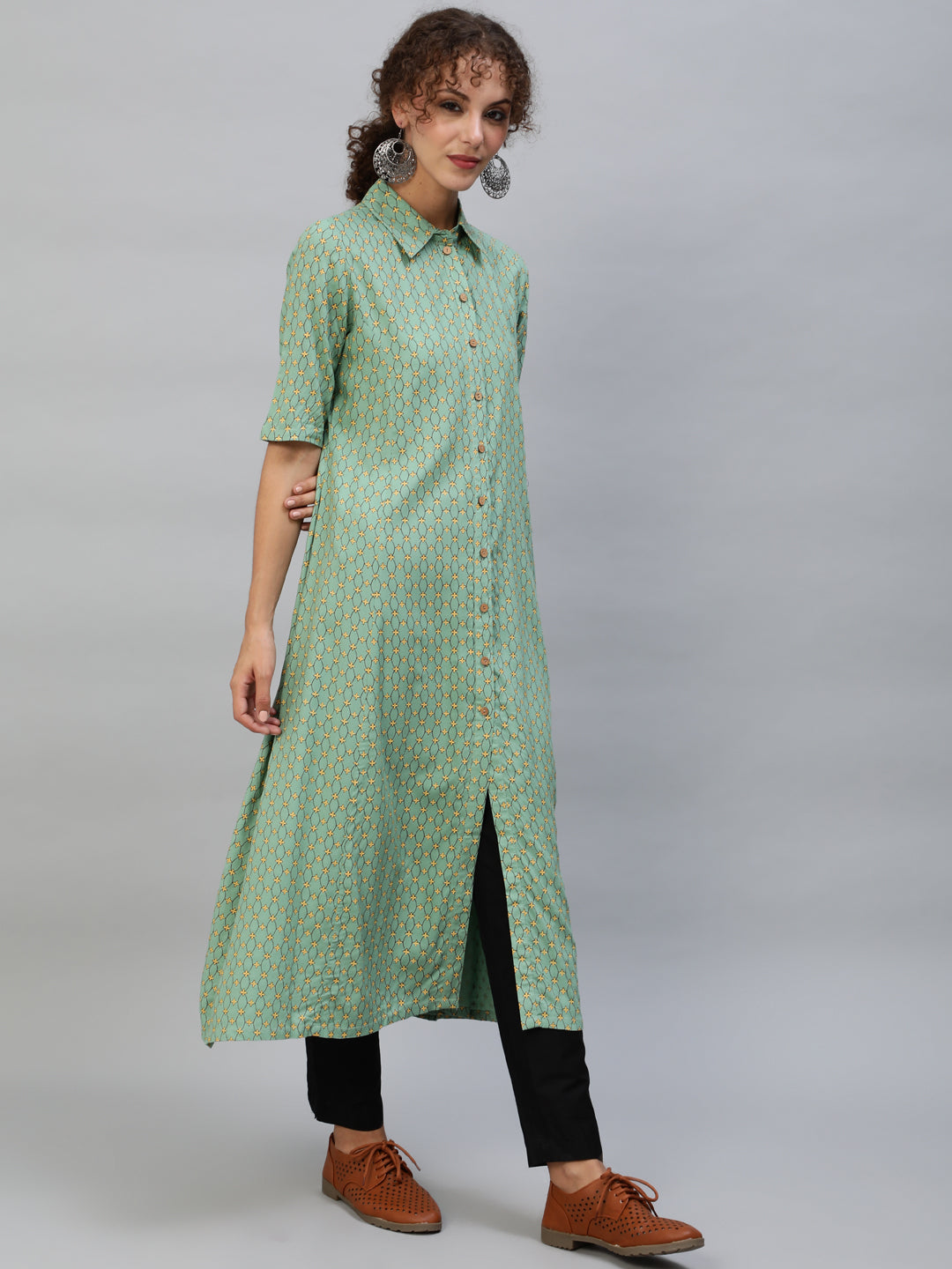 Green  Printed Button Down A-Line Kurta