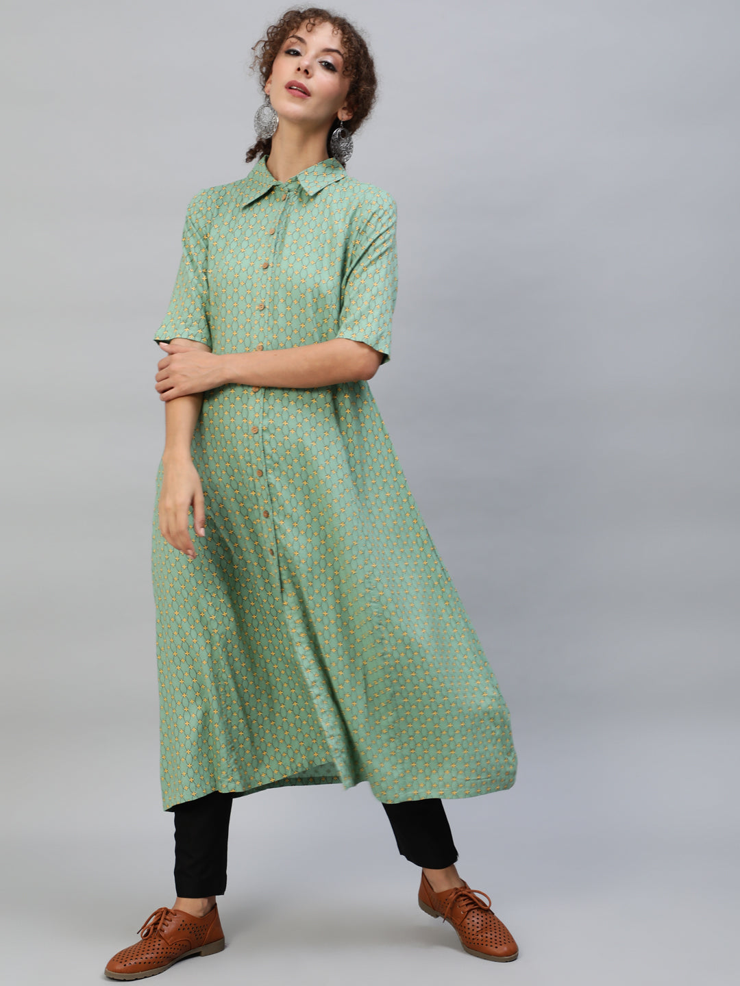 Green  Printed Button Down A-Line Kurta