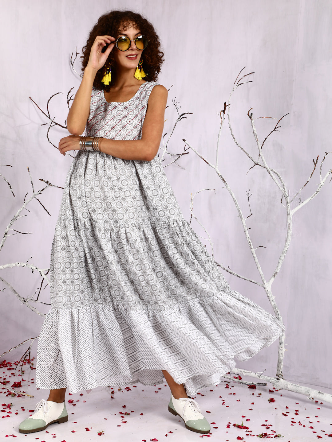 White Floral Print Sequin Tiered Maxi Dress