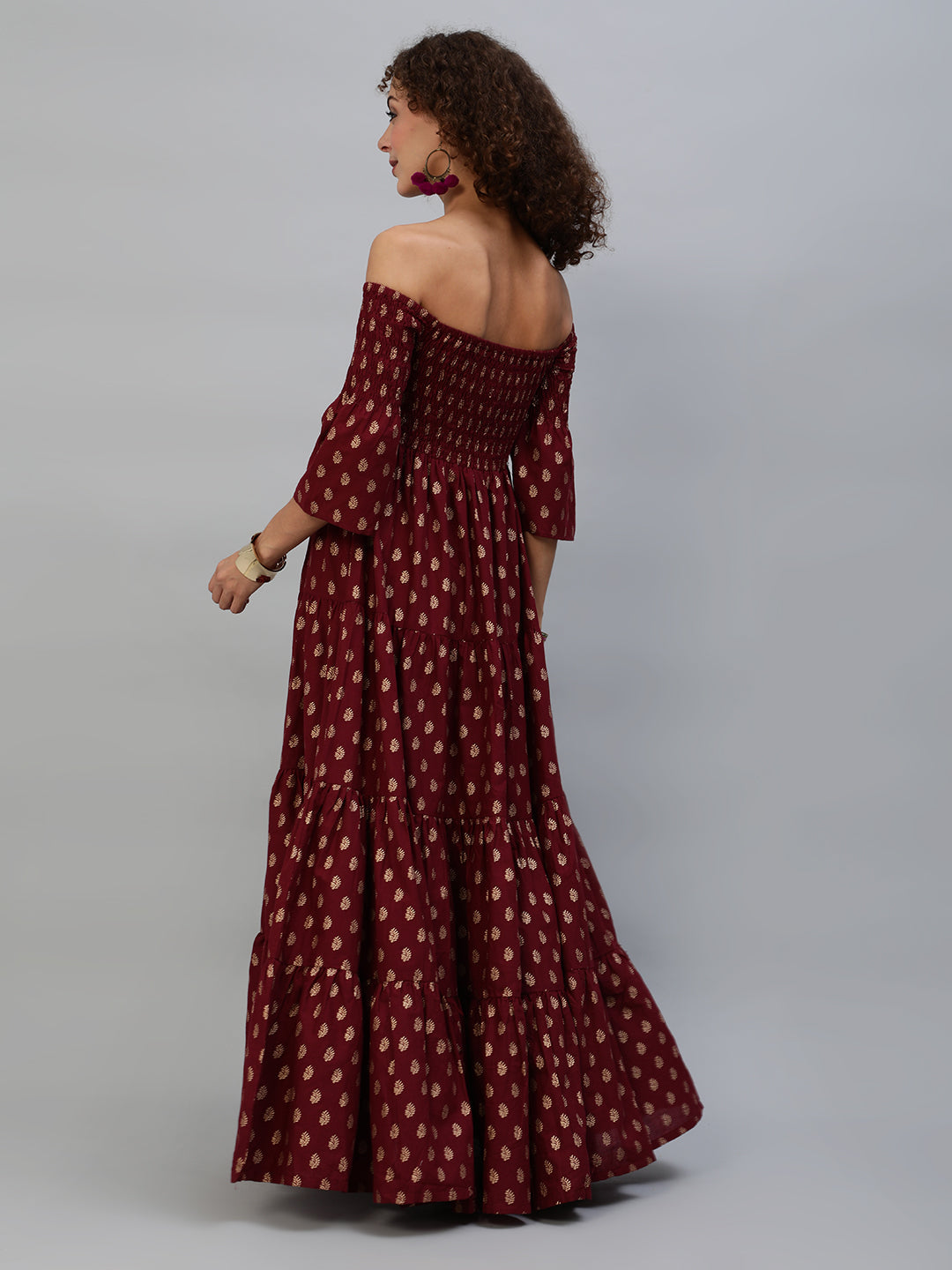 Maroon Gold Printed Off Shoulder Tiered Dress Mother Daughter Combo