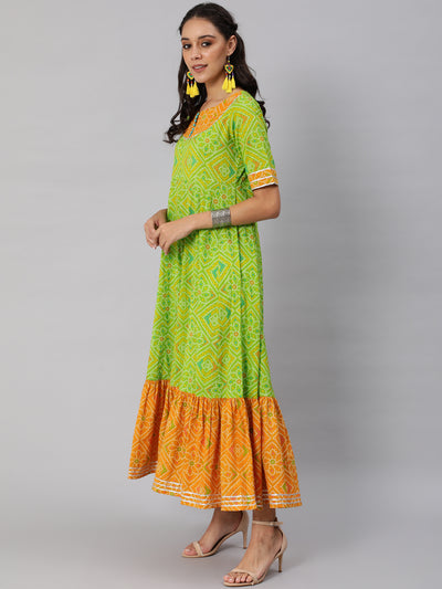 Green Bandhani Print Flared Maxi Dress