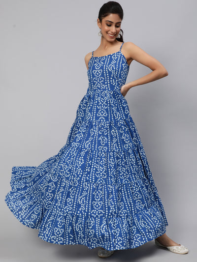 Blue Bandhani Print Tiered Maxi Dress