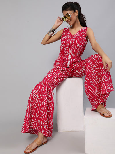 Pink Printed Flared Jumpsuit