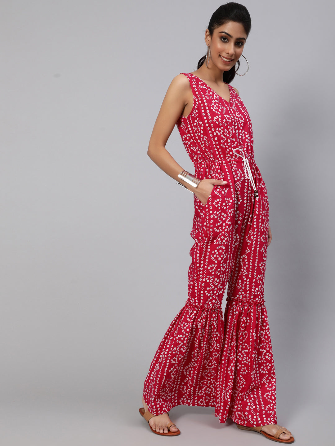 Pink Printed Flared Jumpsuit