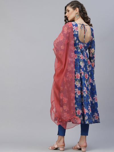 Blue Floral Print Anarkali With Dupatta