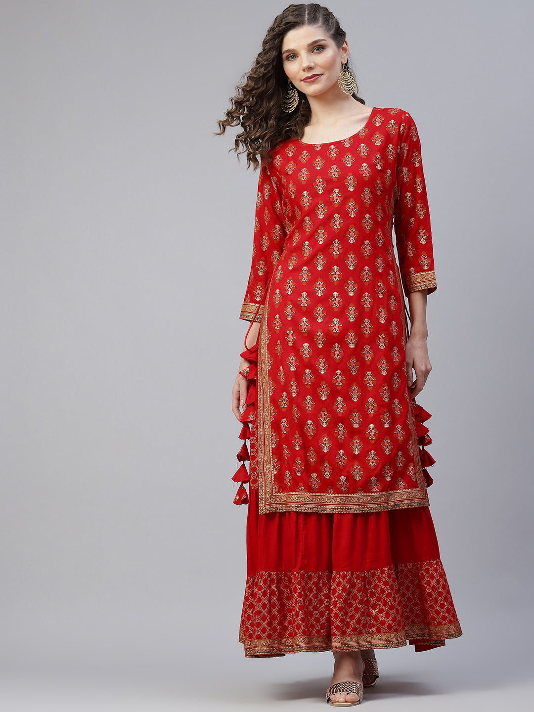 Red Khari Print Double Layered Maxi Dress