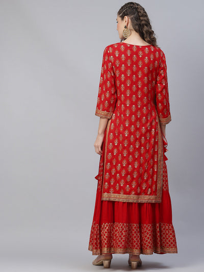 Red Khari Print Double Layered Maxi Dress