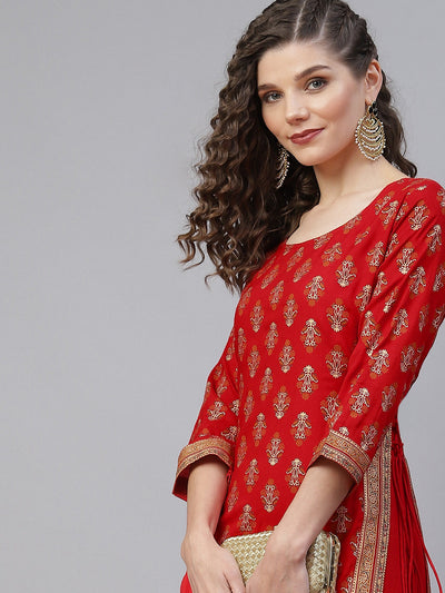 Red Khari Print Double Layered Maxi Dress