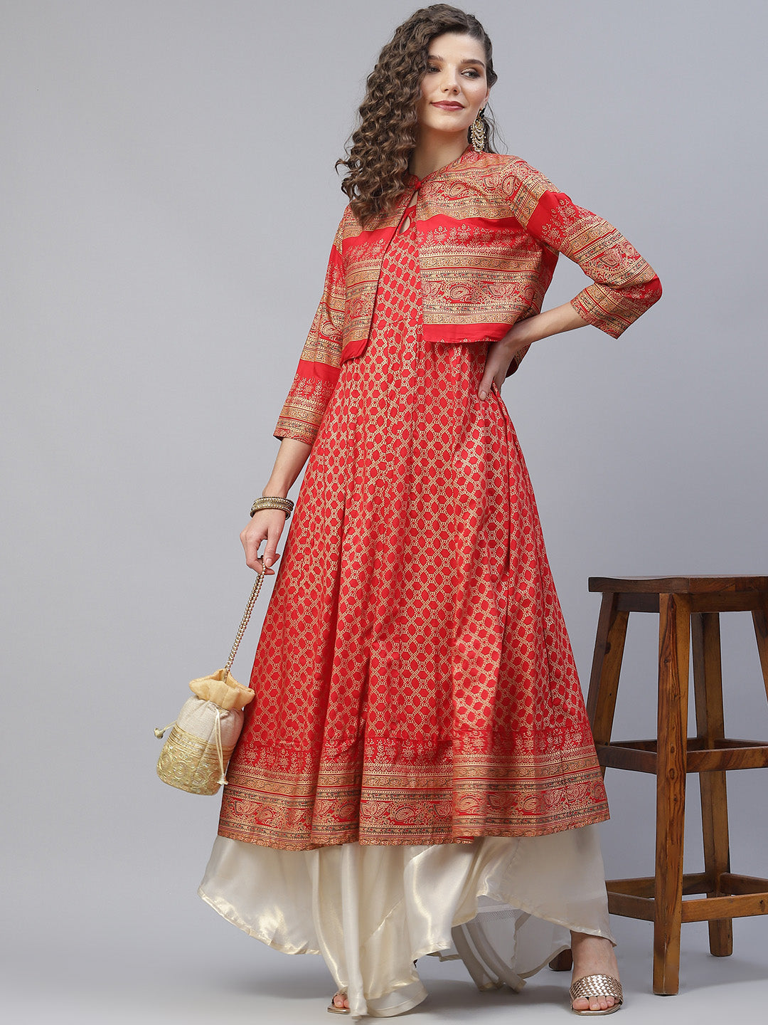 Red Gold Print Anarkali With Jacket