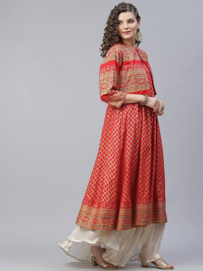 Red Gold Print Anarkali With Jacket