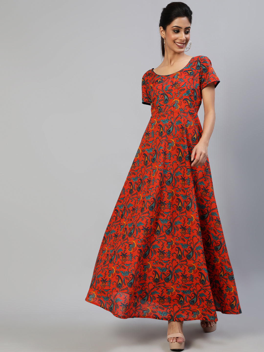 Red Printed Flared Maxi Dress