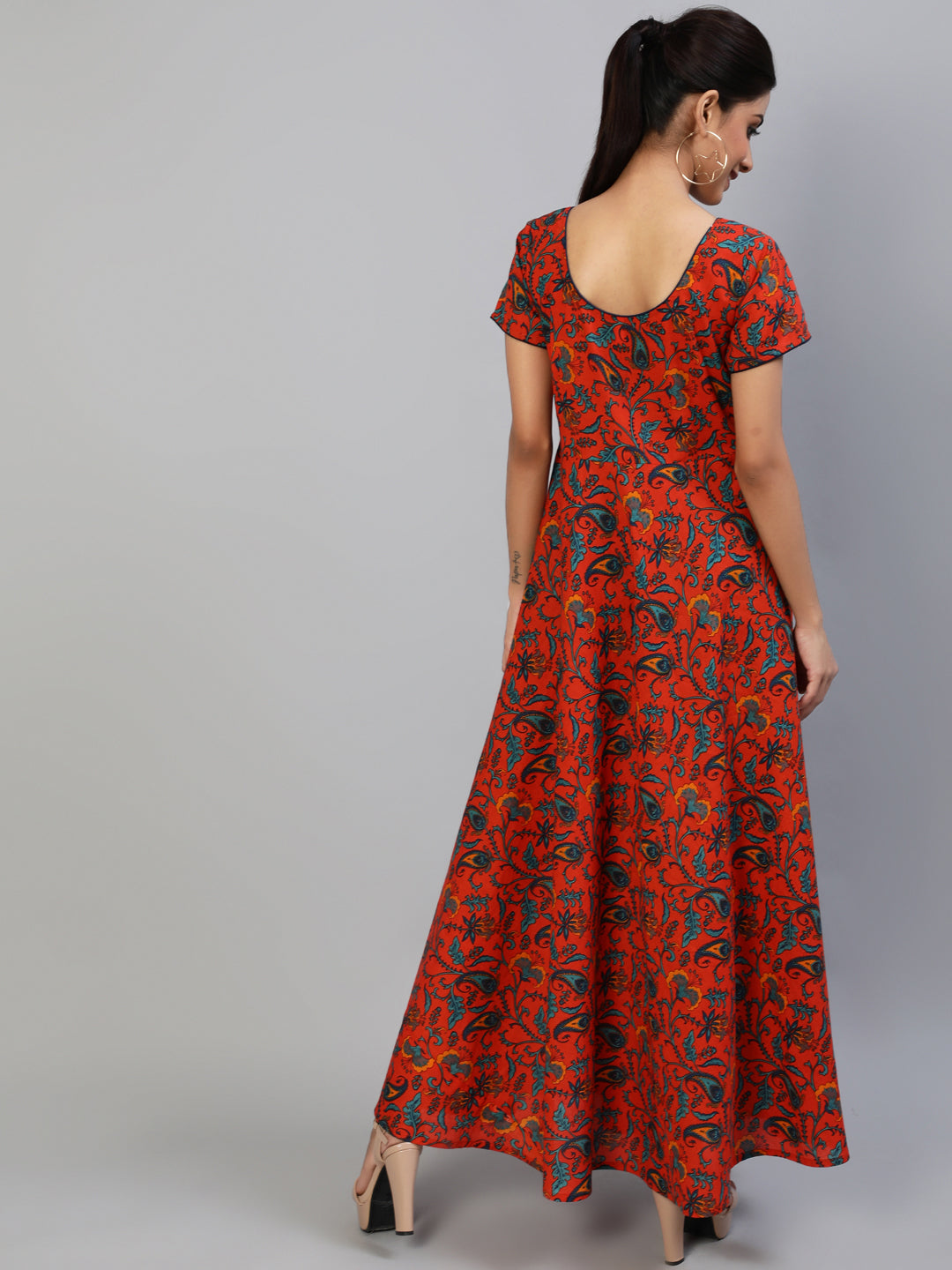 Red Printed Flared Maxi Dress