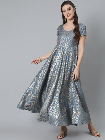 Grey Foil Print Flared Dress