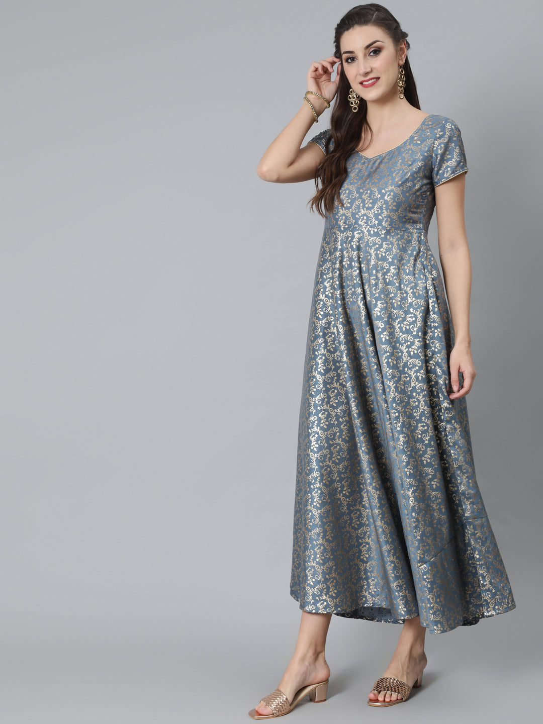 Grey Foil Print Flared Dress